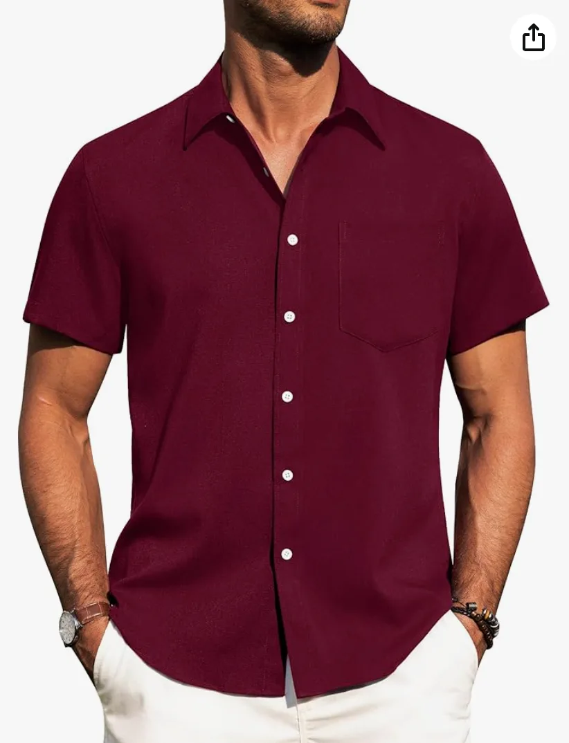 Alimens & Gentle Camisas de Lino para Hombre de Manga Corta con Botones sin Arrugas Casuales para Vacaciones Playa Tops de Verano